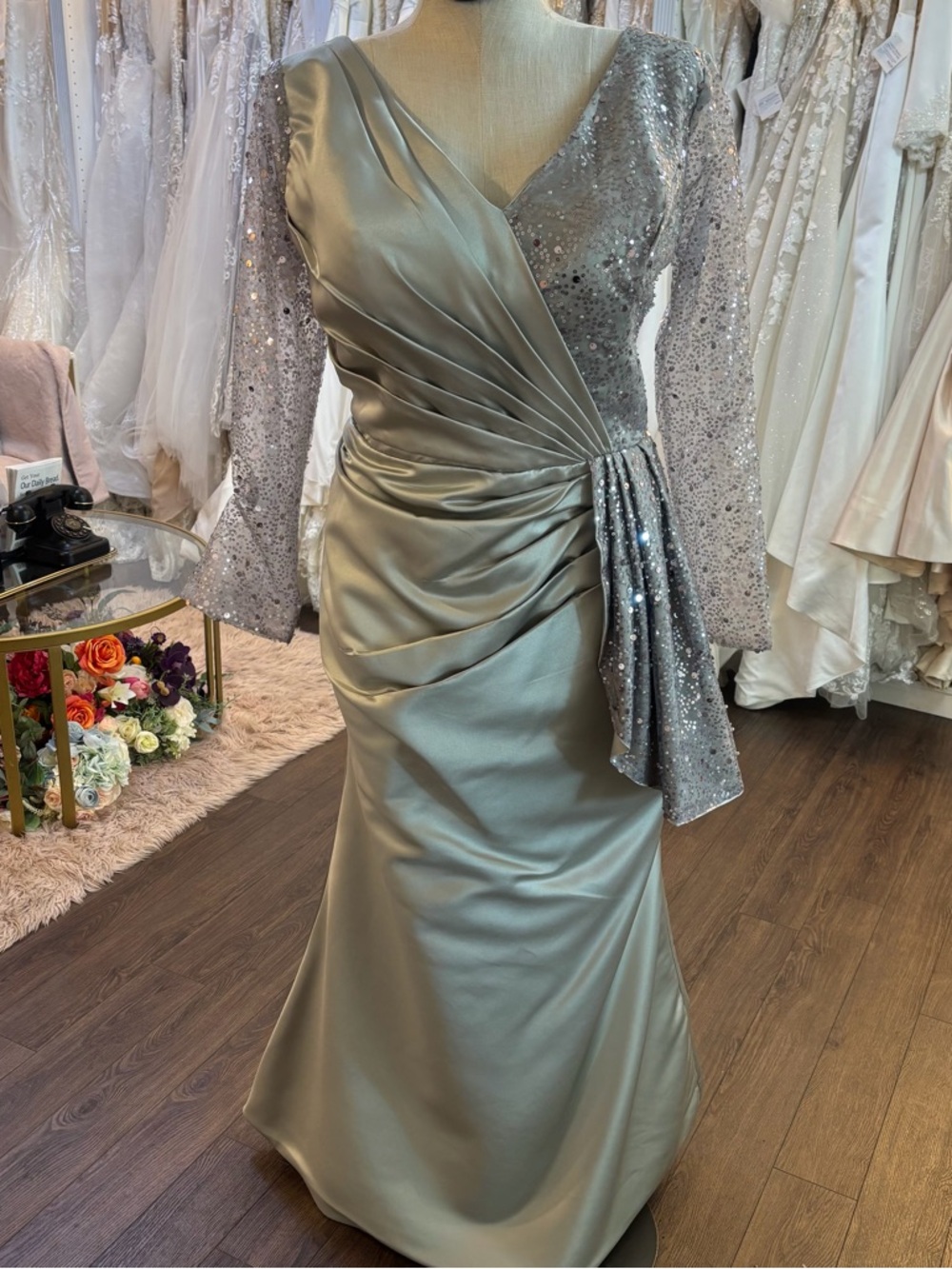Elegant Silver Gray Sequin-Accent Evening Gown